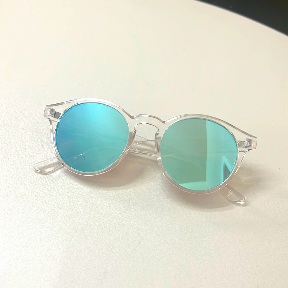 Mirrored Blue Lenses Clear Framed Sunglasses